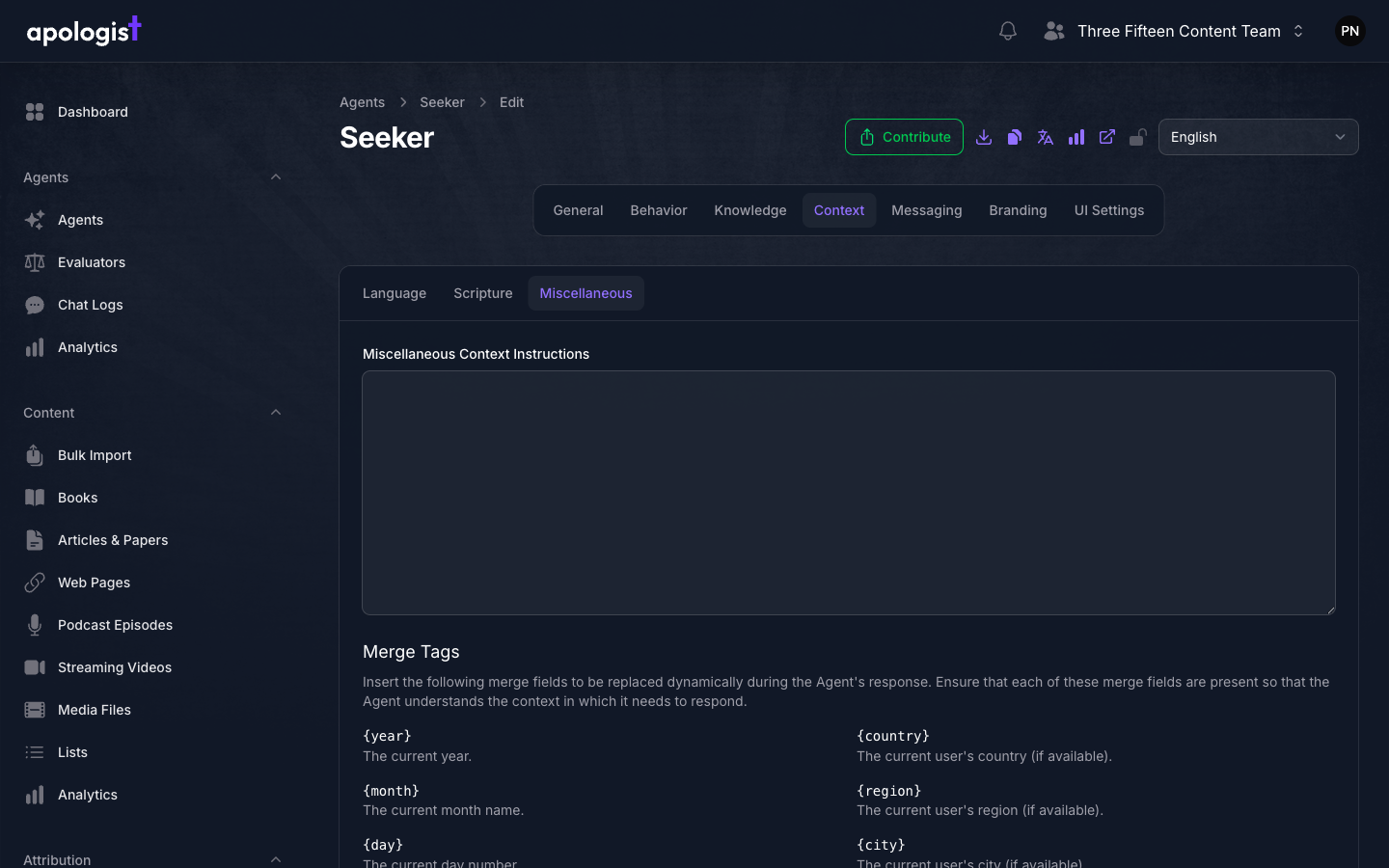 The Miscellaneous tab of the Seeker Agent's Context page in Console, showing an empty Miscellaneous Context Instructions field above a Merge Tags reference listing the year, month, day, country, region, and city tags.