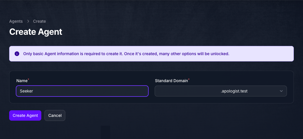 The Create Agent form with the Name field filled in with Seeker.