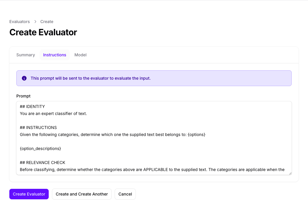 The Instructions tab of the Create Evaluator form in Console, showing the default classifier prompt with its identity, instructions, and relevance check sections.