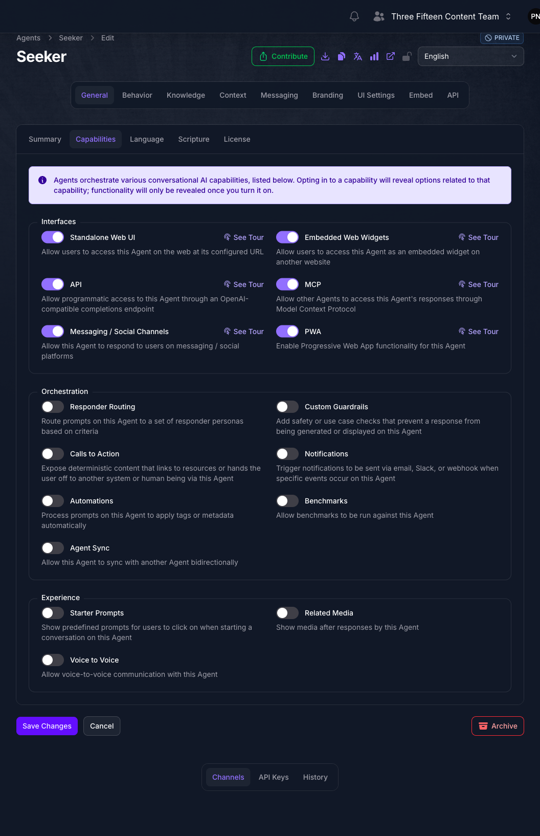 The Capabilities tab of the Seeker Agent's General page in Console, with the Interfaces group showing Standalone Web UI, Embedded Web Widgets, API, MCP, Messaging / Social Channels, and PWA all turned on, above the Orchestration and Experience groups.