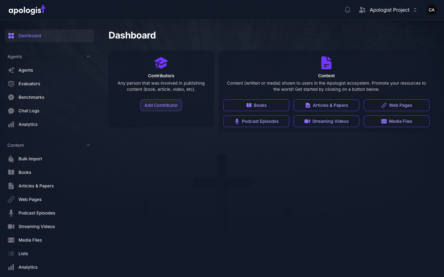 Apologist AI Console Dashboard after signing in, with Agents, Content, and Attribution sections in the left-hand navigation.
