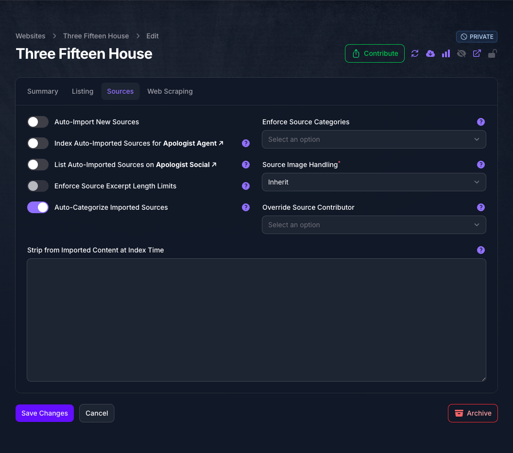 The Sources tab of the Three Fifteen House website Collection in Console, with Auto-Import New Sources, indexing and listing turned off and Auto-Categorize Imported Sources on, beside Enforce Source Categories, Source Image Handling set to Inherit and Override Source Contributor, above Strip from Imported Content at Index Time.