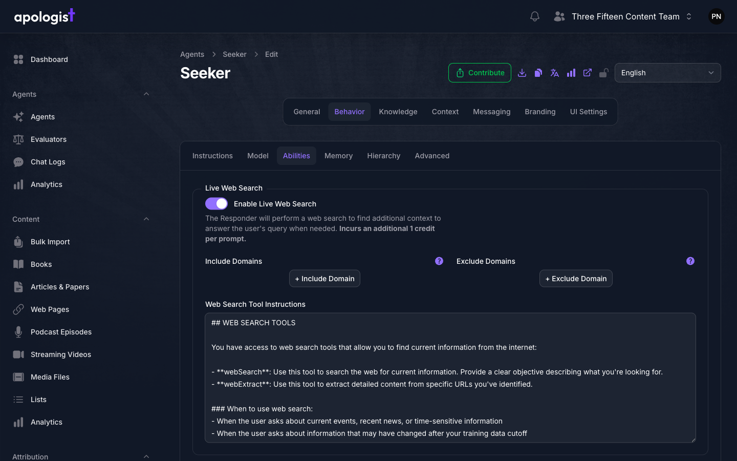 The Abilities tab of the Seeker Agent's Behavior page in Console with Enable Live Web Search turned on, showing Include Domains and Exclude Domains repeaters and a Web Search Tool Instructions field filled with the default WEB SEARCH TOOLS text.