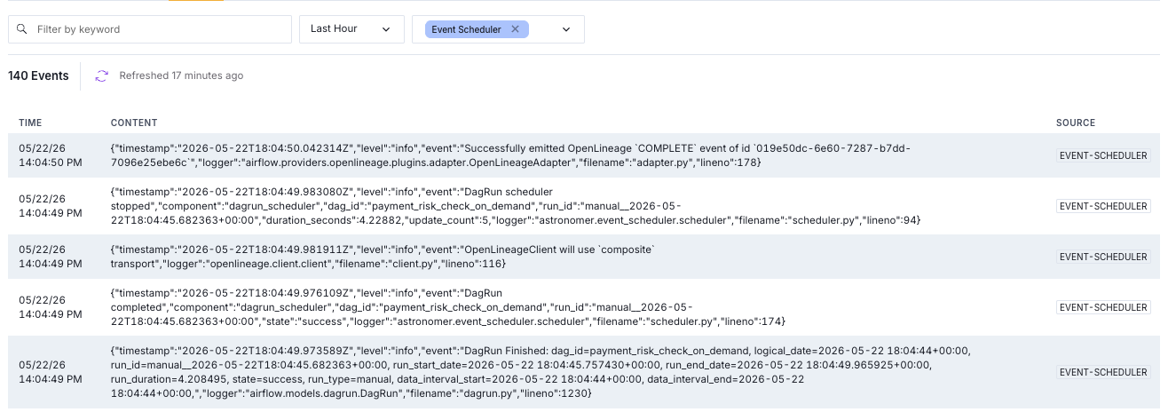 Event Scheduler logs in the Astro UI Logs tab