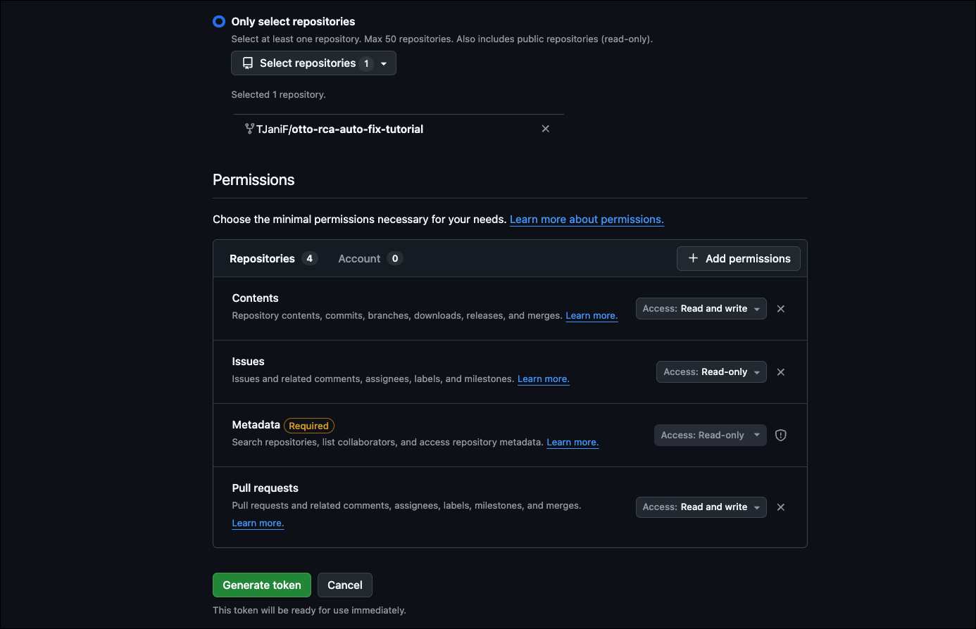 New fine-grained personal access token scoped to the forked tutorial repository, with Contents (Read and write), Issues (Read-only), Metadata (Read-only), and Pull requests (Read and write) permissions.