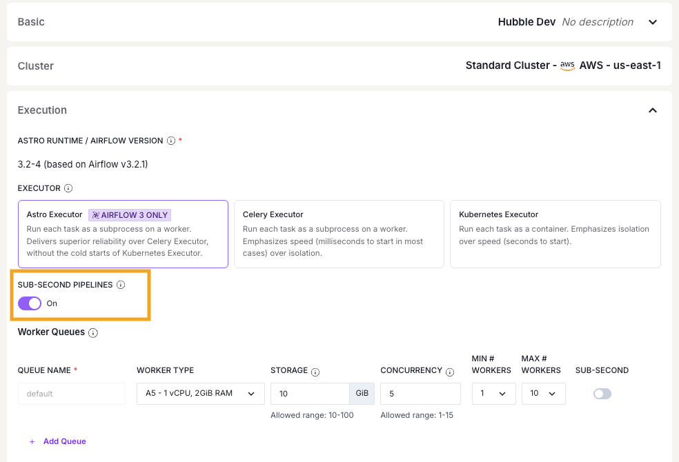 Sub-Second Pipelines toggle in the Deployment Execution settings