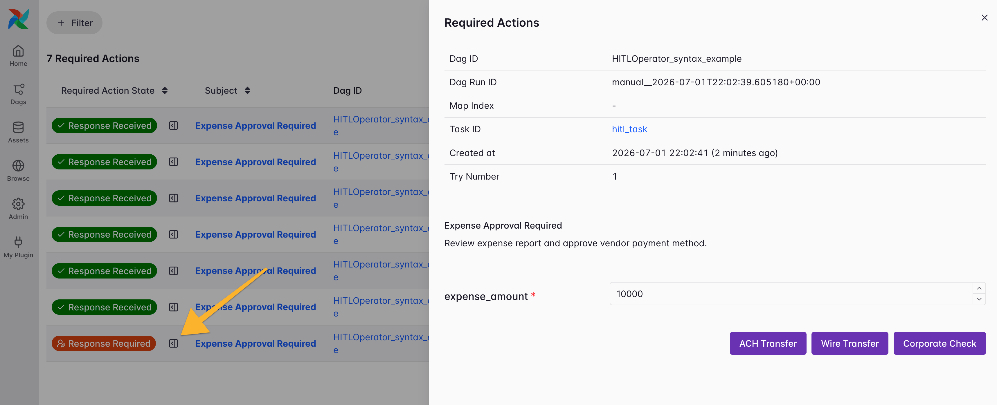 The Airflow UI Required Actions list with a slide-out panel showing a required action's details and response form.