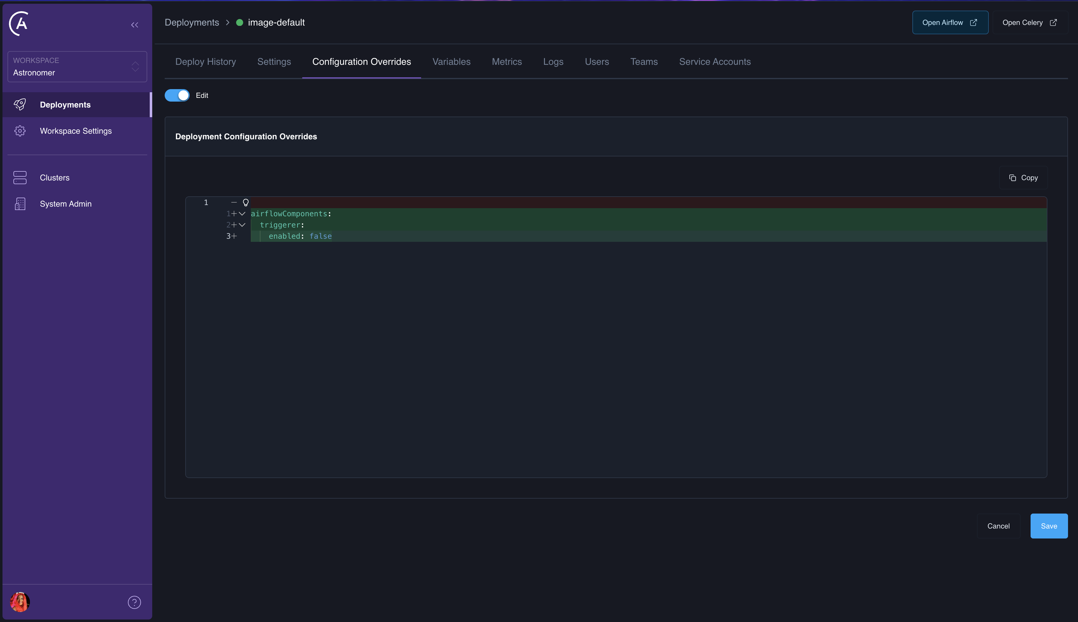 Deployment, Configuration tab, Configuration Override section open in the add / editor view.