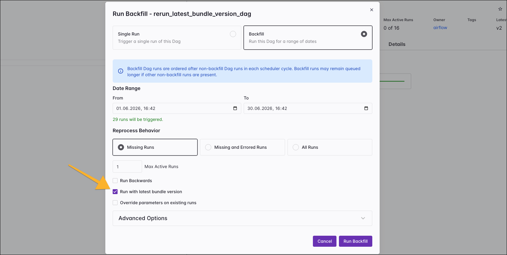 Backfill form of a Dag in the Airflow UI showing the Run with latest bundle version checkbox.