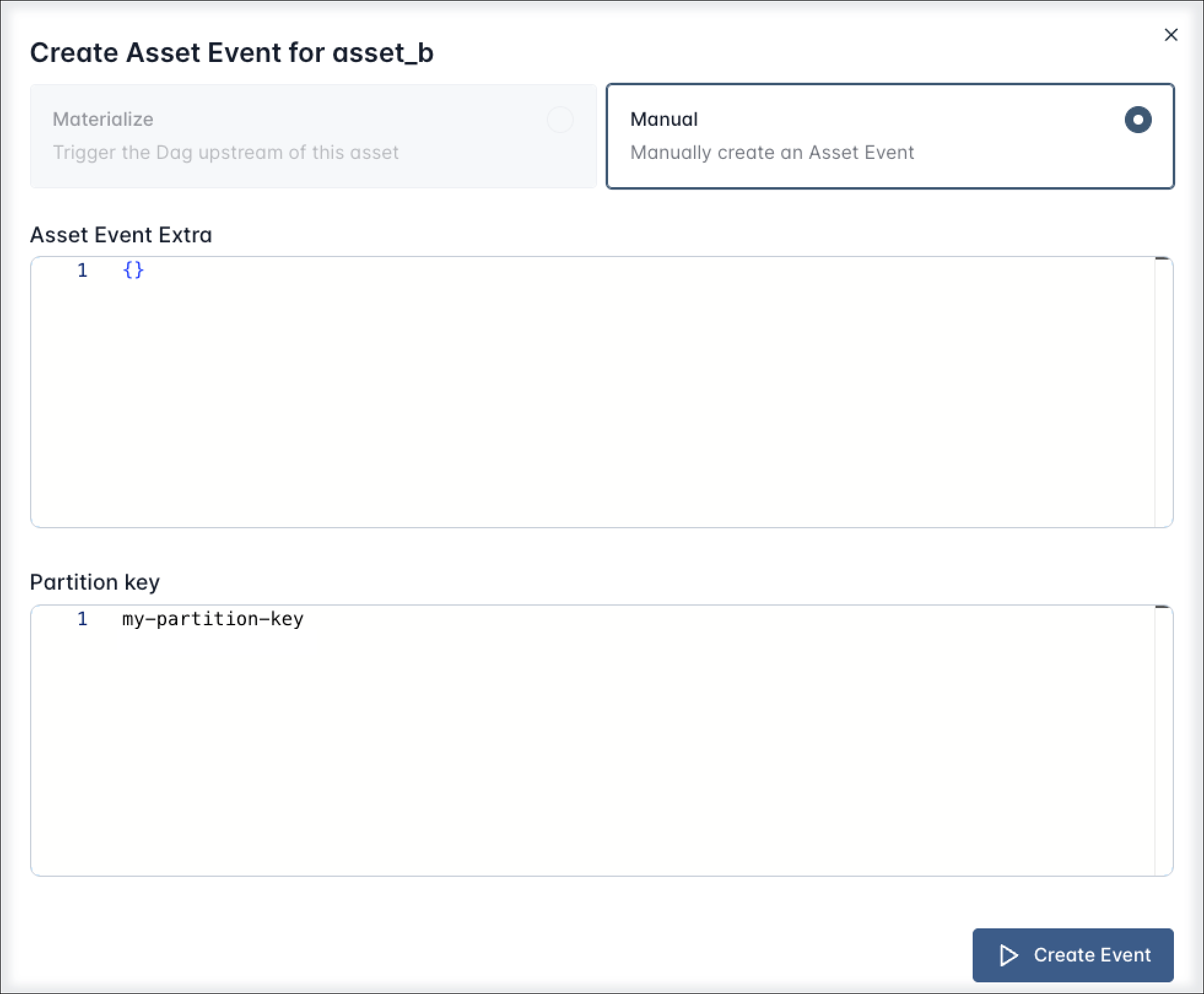 Screenshot of the Airflow UI showing the Asset Event creation dialog with the partition key input field.