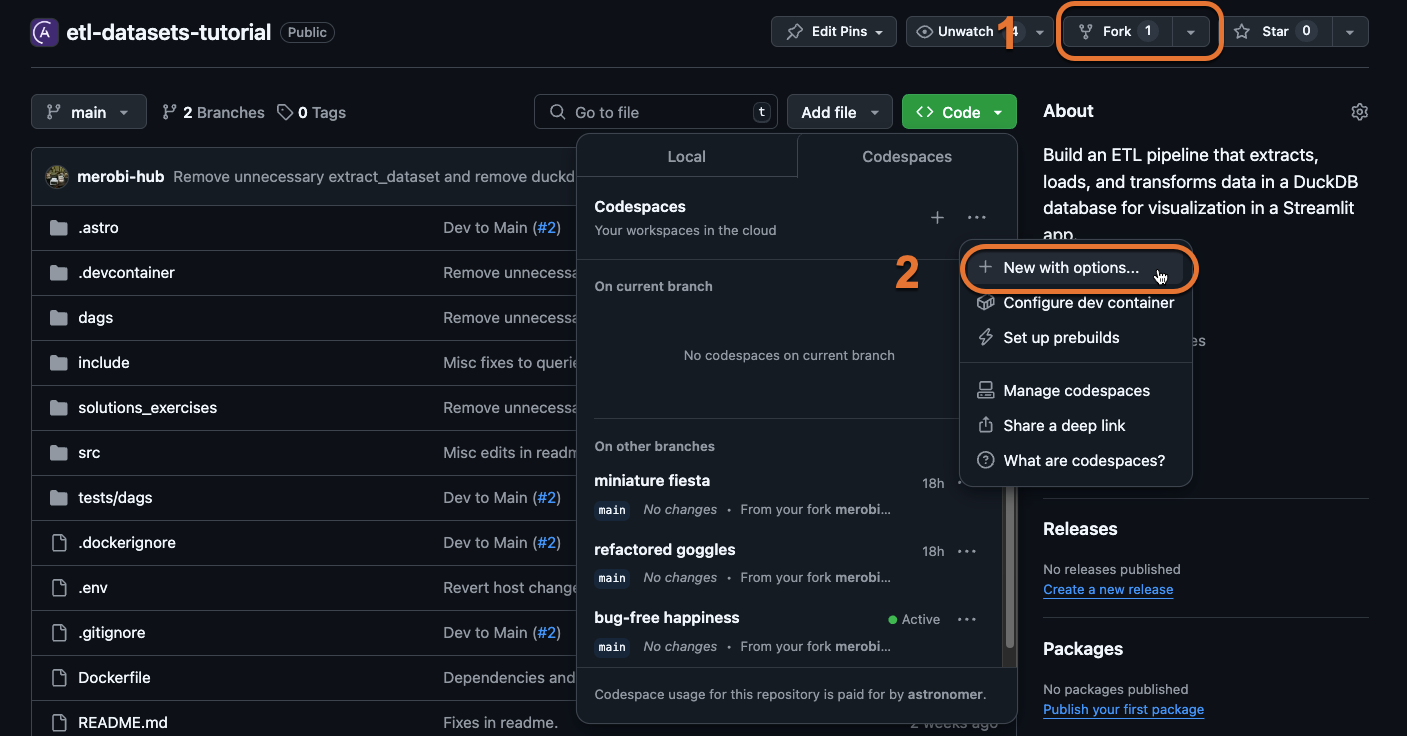 Fork repository and create a Codespaces project