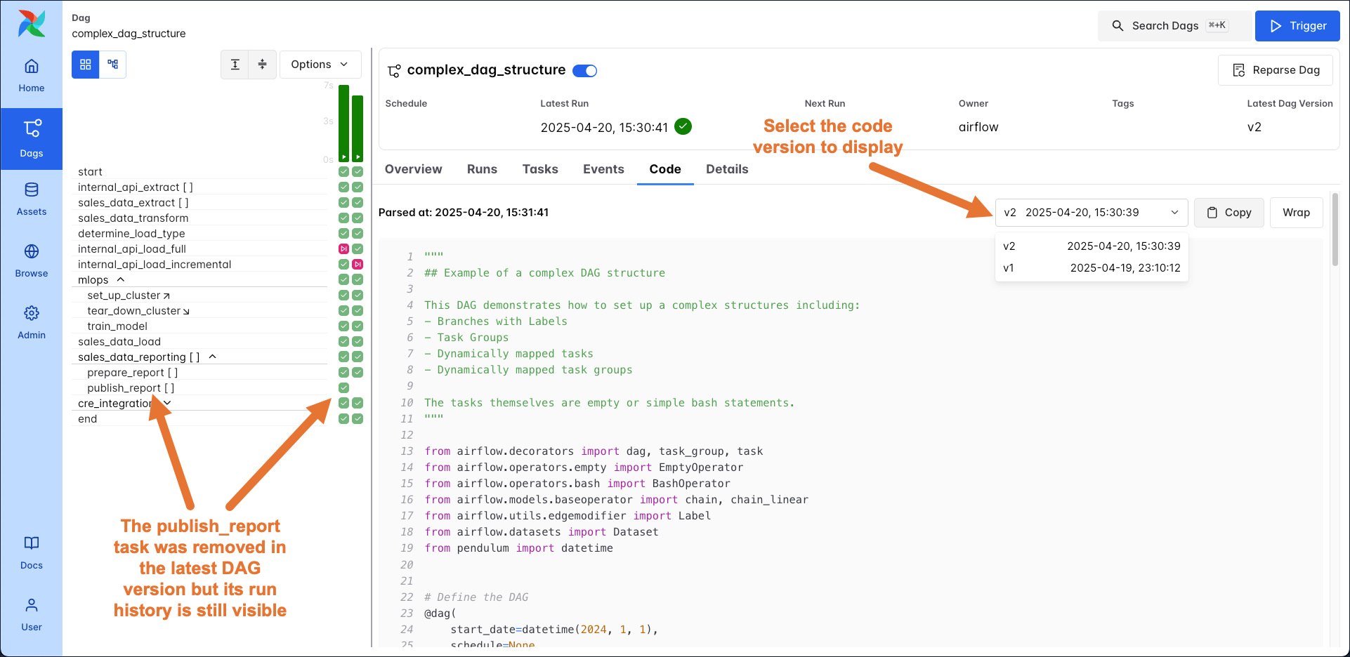 Dag versioning in the Airflow UI grid and code tab.