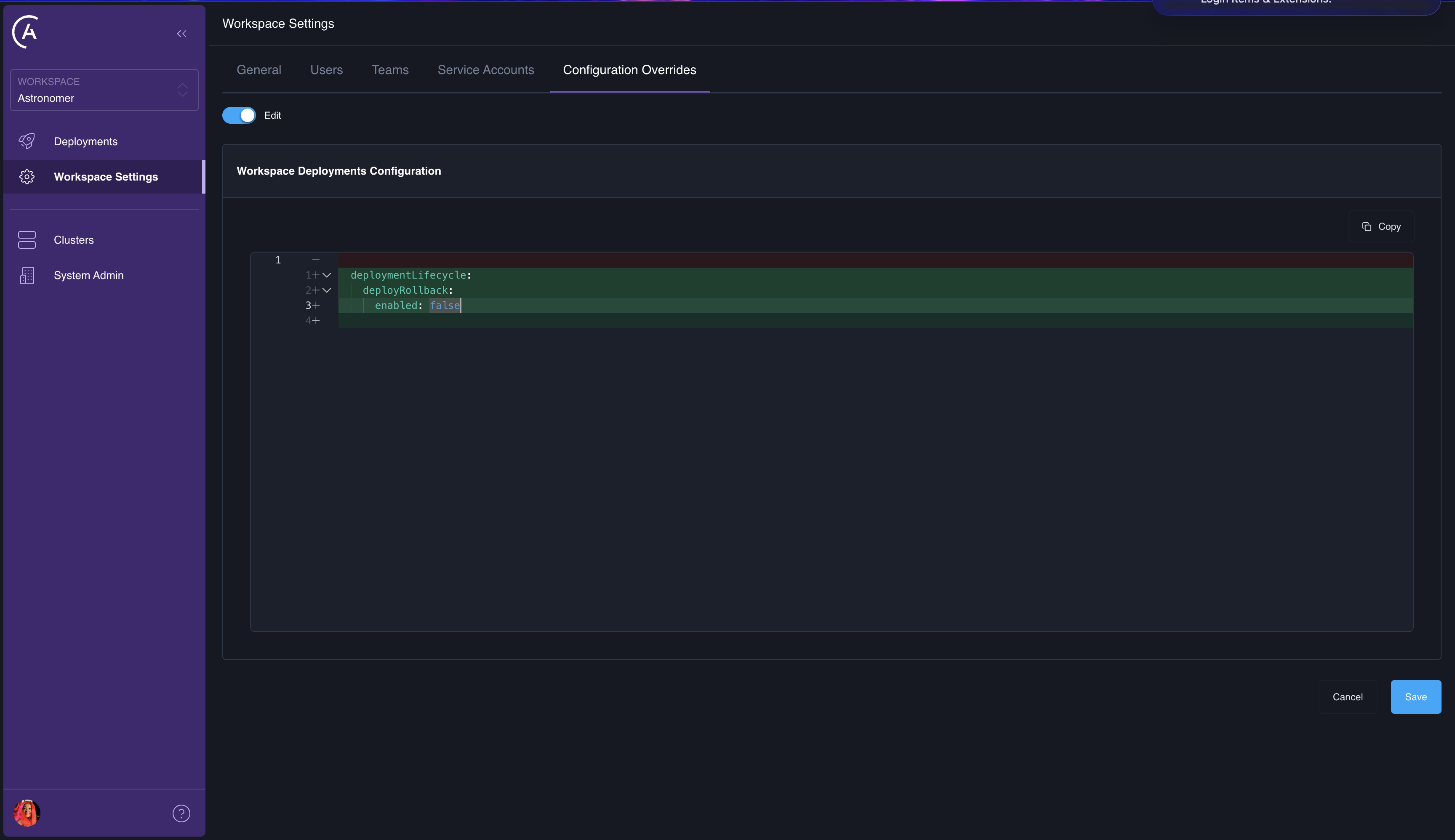 Workspace Settings, Configuration Overrides tab, with the Workspace Deployments Configuration YAML editor open for add configuration.