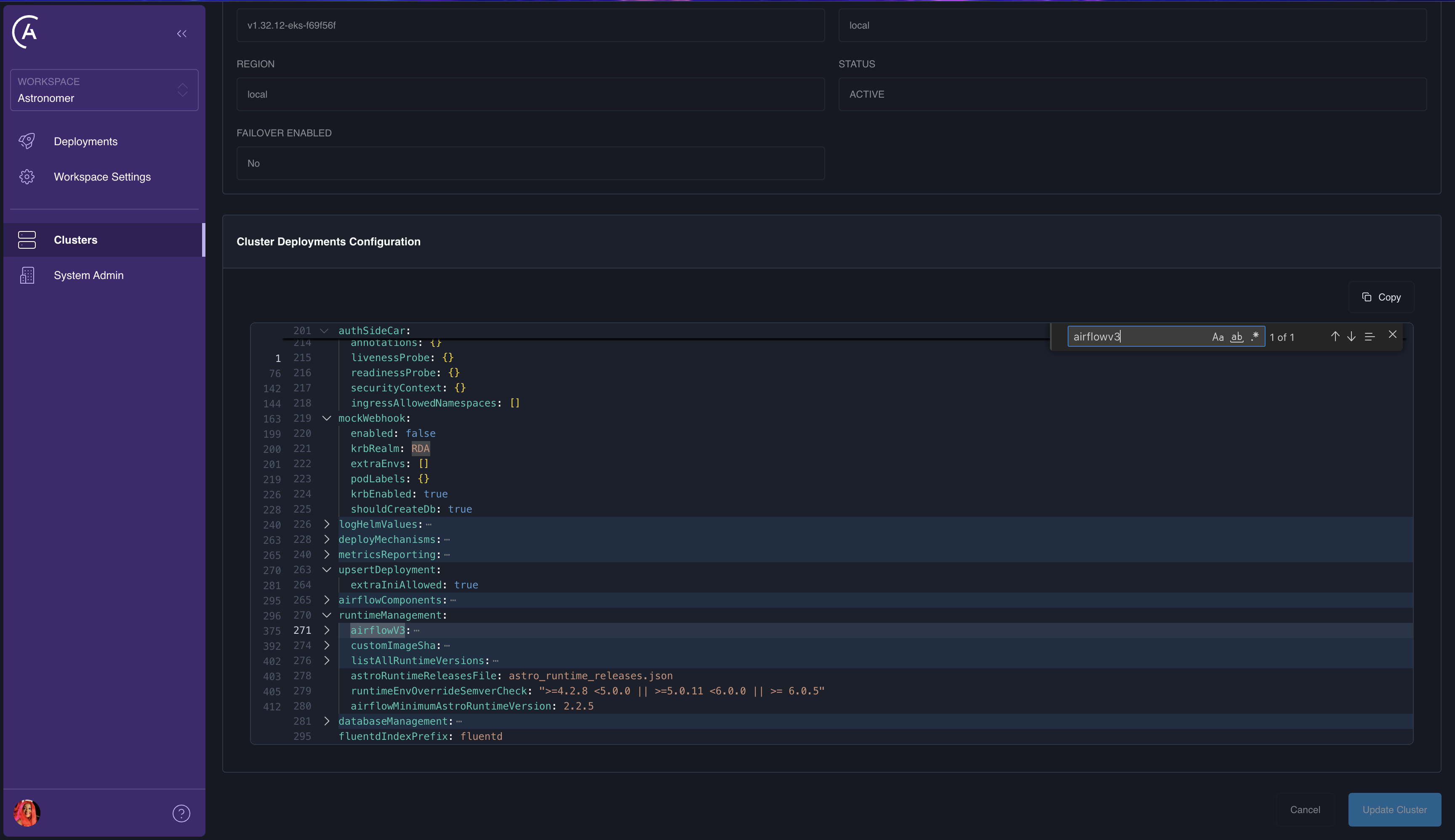 Configuration Override YAML editor focused, with the in-editor find control used to search the YAML.