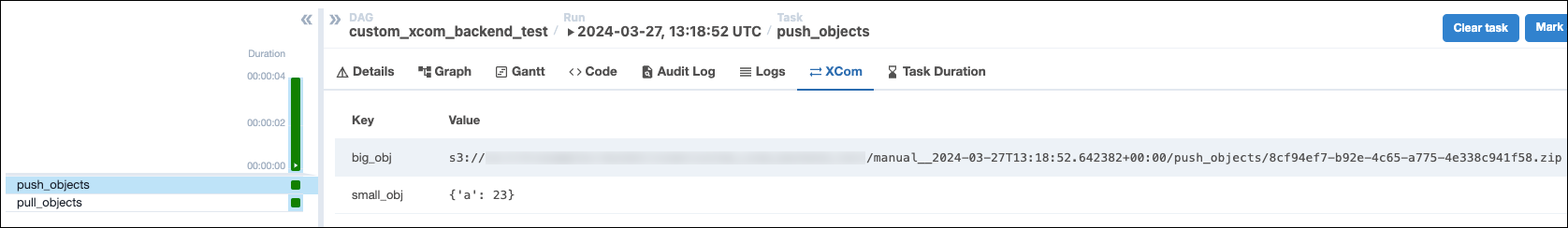 XCom tab of the push_objects task showing two key-value pairs showing the "big_obj" being serialized to the custom XCom backend and the "small_obj": a dictionary containing 'a': 23, which was stored in the metadata database.