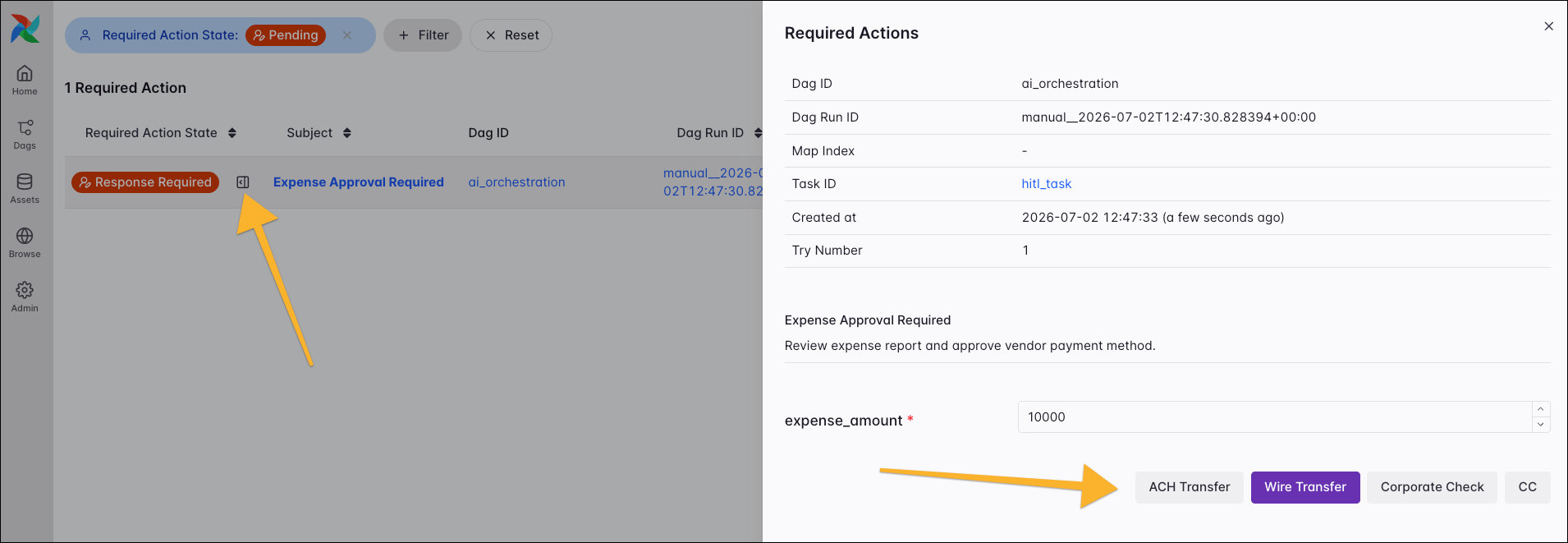 The Browse Required Actions list with the review drawer open, with arrows highlighting the Open review drawer icon and the response buttons in the drawer.