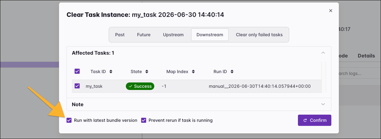 Clear Task Instance form in the Airflow UI showing the Run with latest bundle version checkbox.