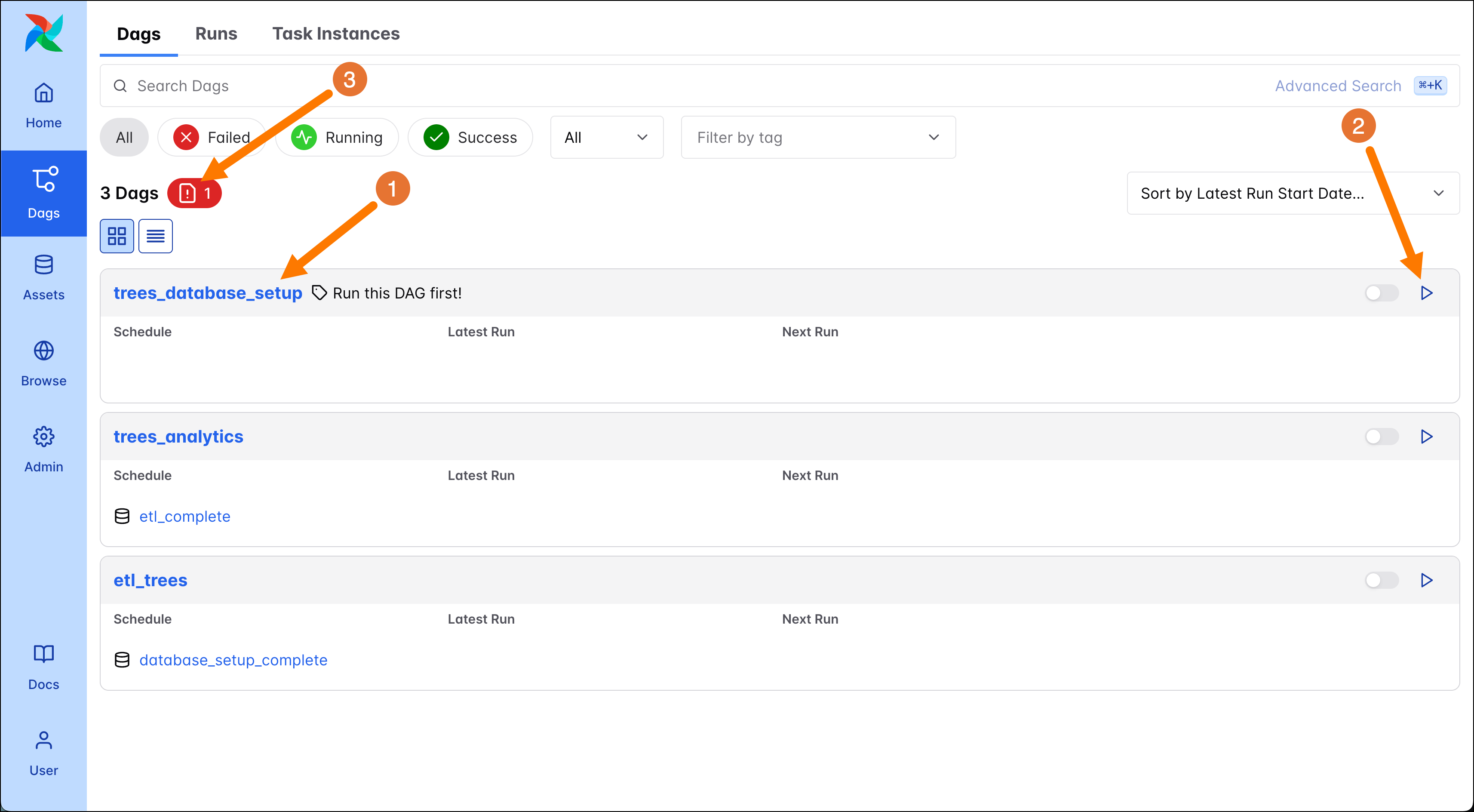 Screenshot of the Airflow UI showing the DAGs overview with 3 paused DAGs