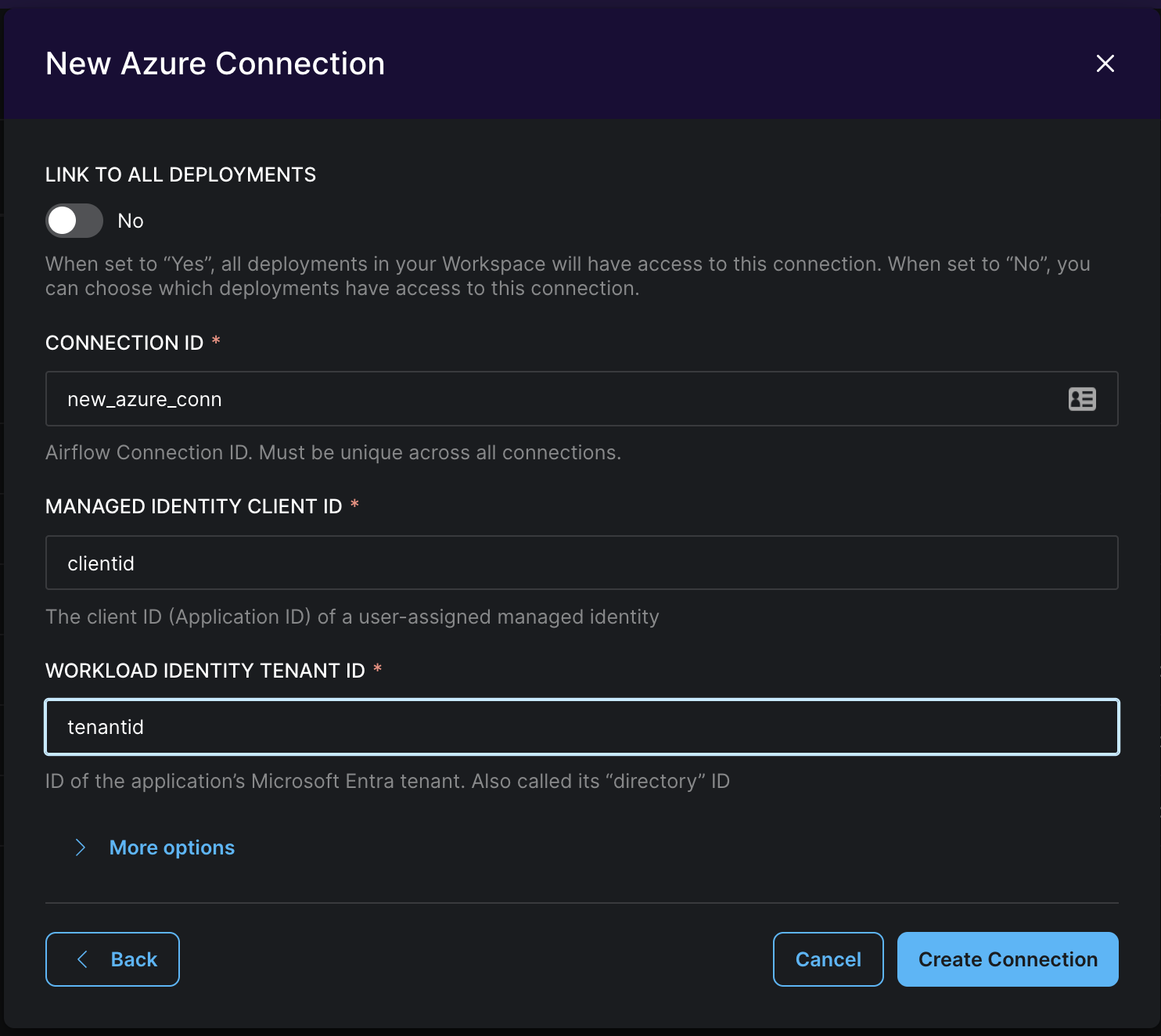 Example Azure workload identity connection