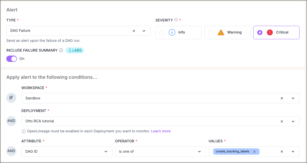 Astro alert form set to the DAG Failure type with Critical severity, scoped to the Sandbox workspace, Otto RCA tutorial Deployment, and the create_tracking_labels Dag ID.