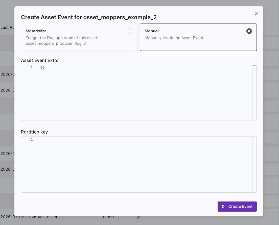 Screenshot of the create asset event dialog.