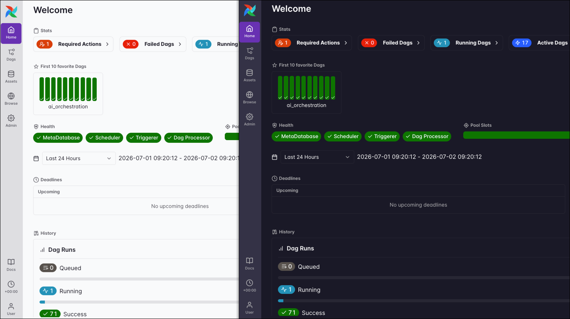 Screenshot of the Airflow UI Home view in light and dark mode.