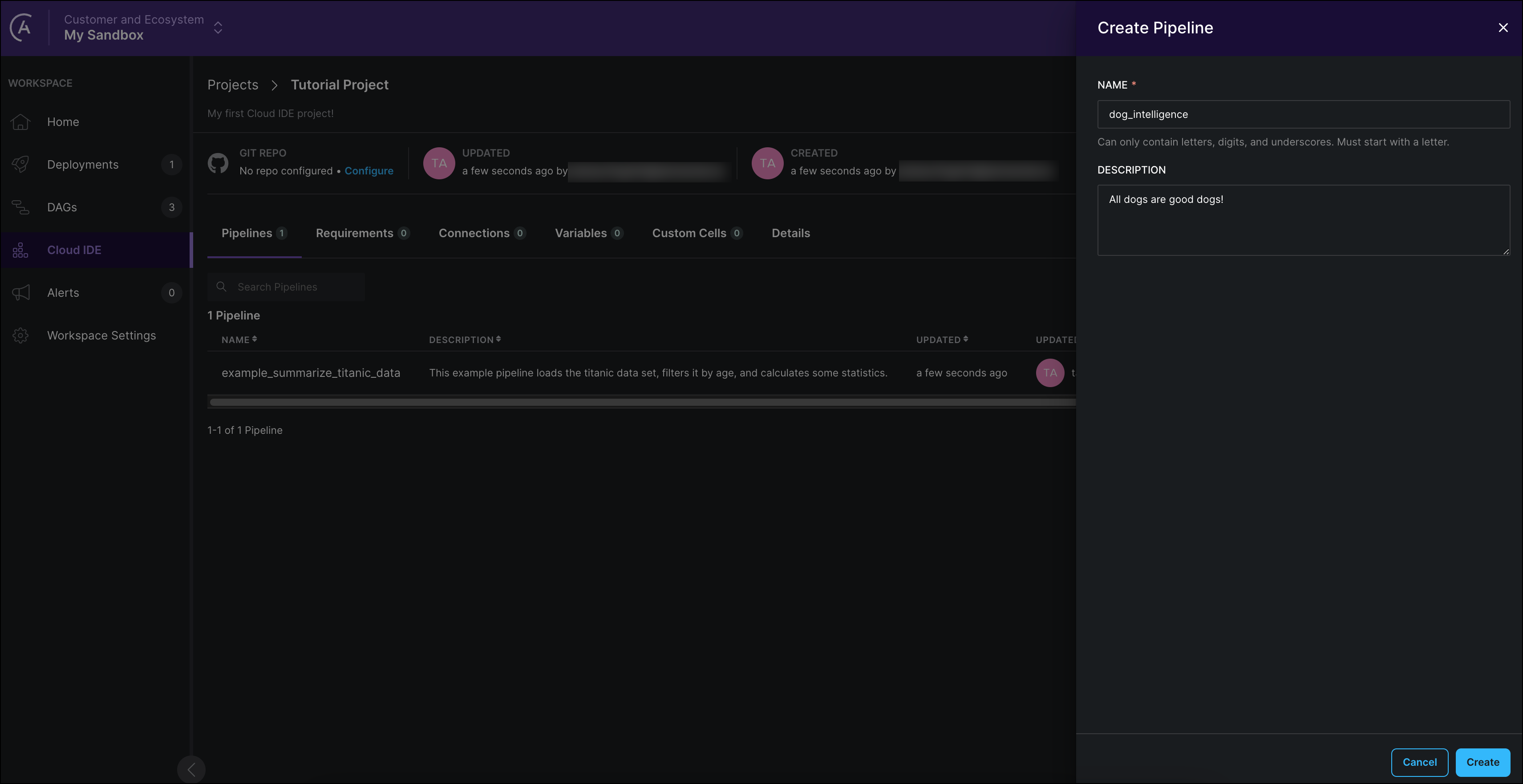 Screenshot of the Astro UI. New pipeline creation dialogue. The pipeline dog_intelligence is created with the description "All dogs are good dogs."