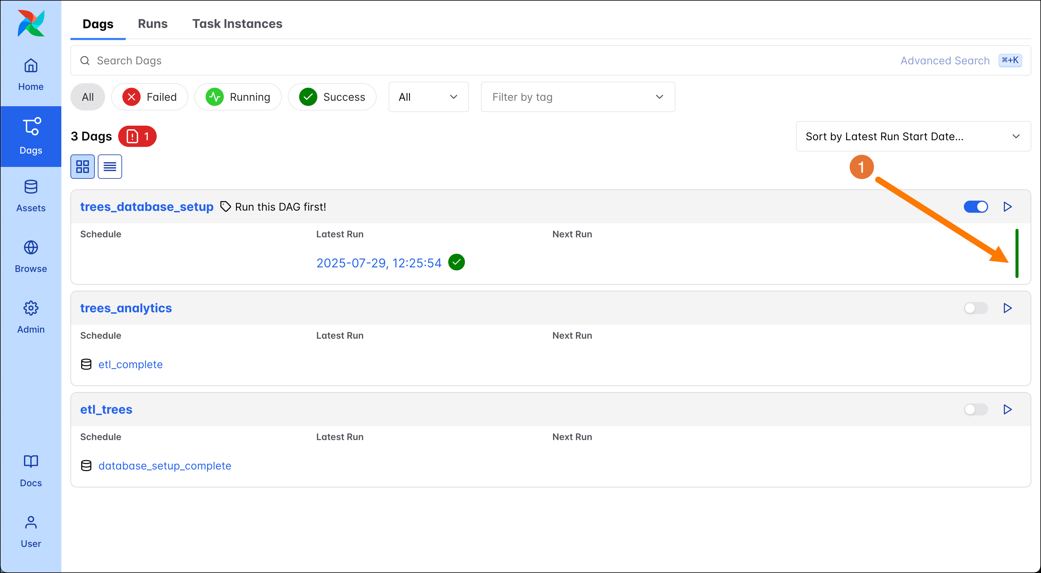 Screenshot of the Airflow UI showing DAGs overview with 1 successful run of the trees_database_setup DAG