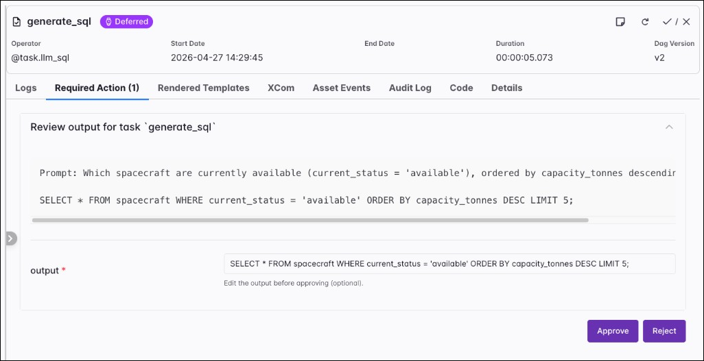 Airflow UI for a deferred llm_sql task instance on the Required Action tab: natural language prompt about available spacecraft, generated SELECT on the spacecraft table, an editable output field for the SQL, and Approve and Reject controls.