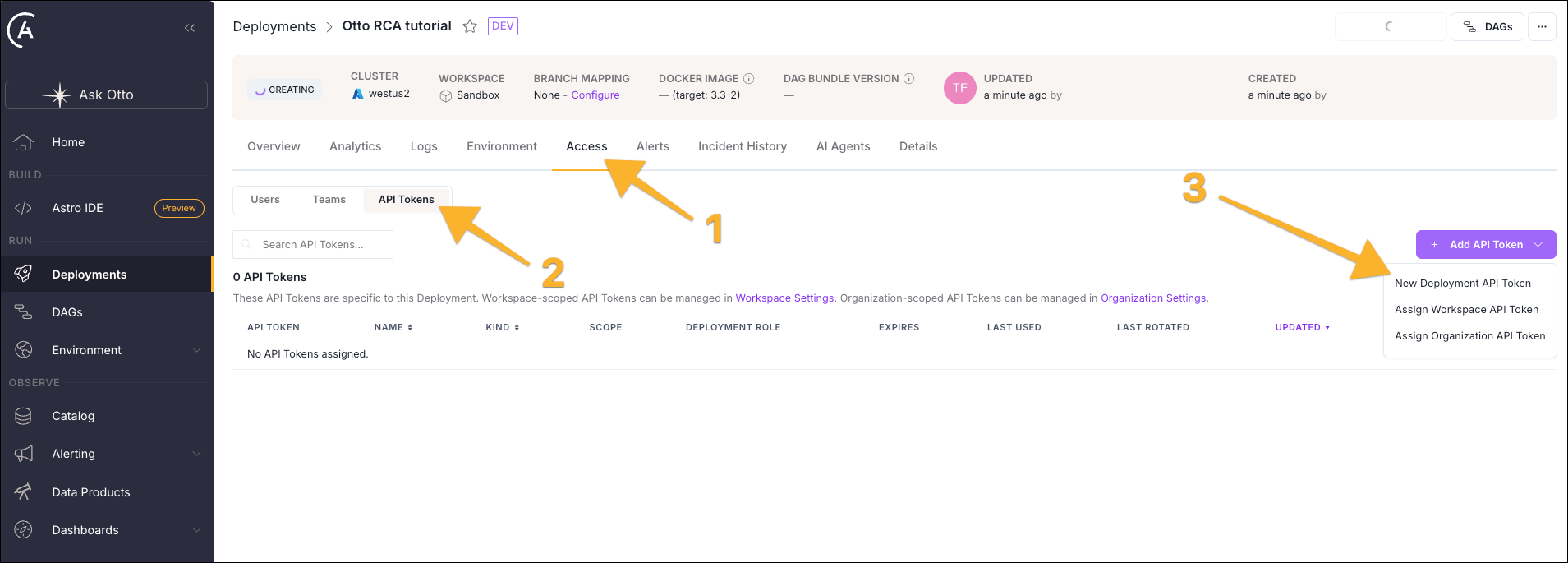 Access tab of an Astro Deployment showing the API Tokens sub-tab and the Add API Token menu with options to create a new Deployment API token.