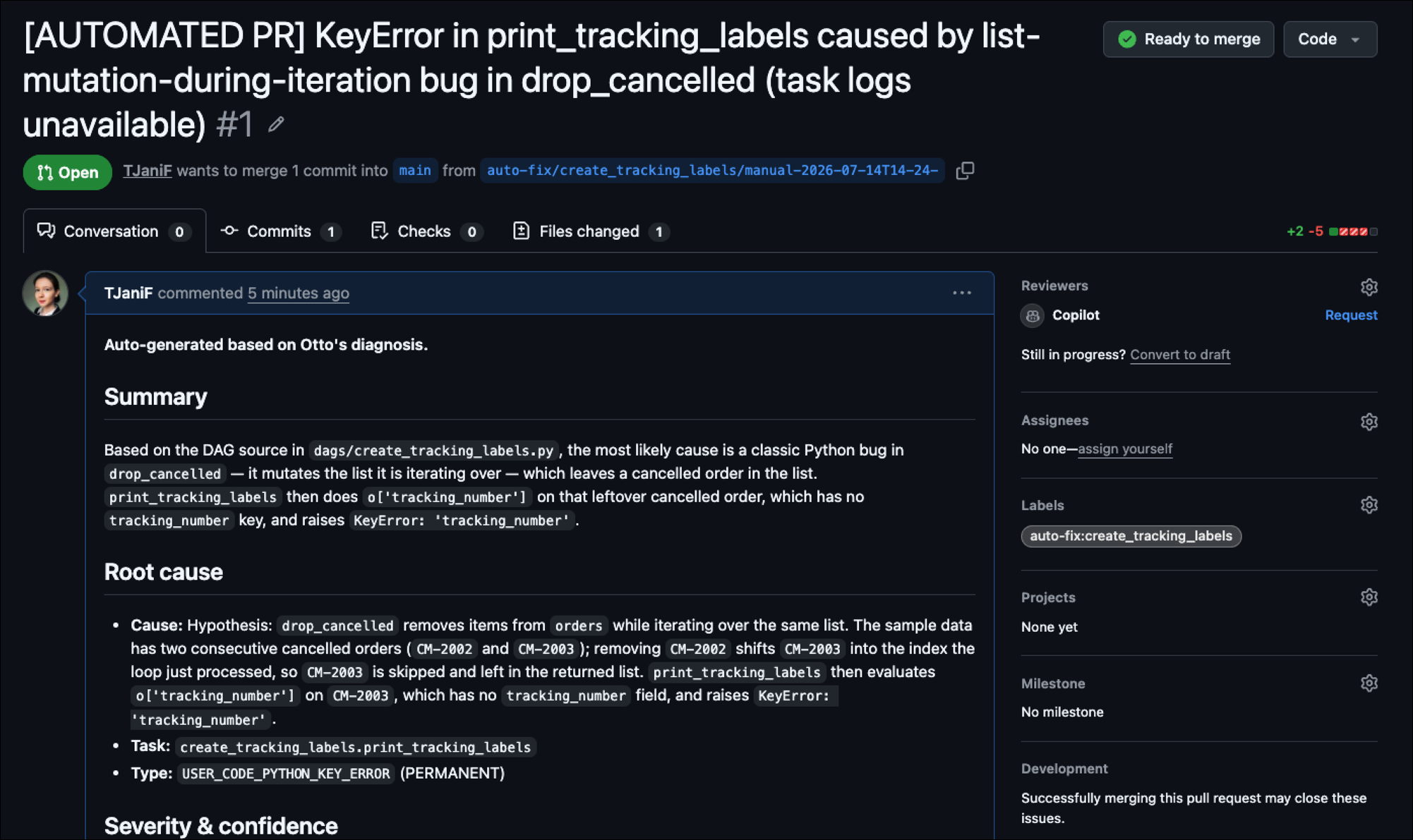 Automated GitHub pull request opened by the otto_rca_to_gh_pr Dag, showing Otto's diagnosis of a KeyError in print_tracking_labels caused by a list-mutation-during-iteration bug in drop_cancelled.