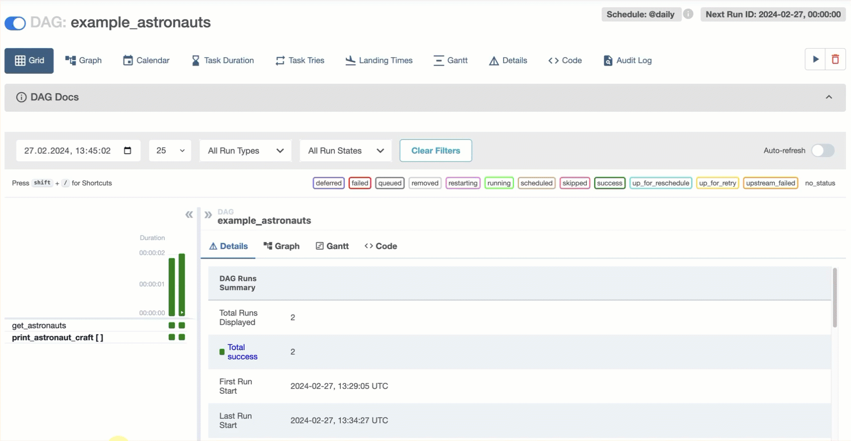 Gif showing how to access the Graph view of a DAG by clicking the Graph tab, then seeing the Graph view of a specific DAG run by clicking the DAG run column.