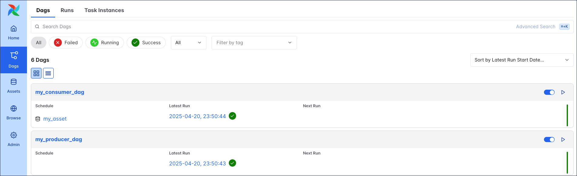 Screenshot Dags page with one run each of the my_producer_dag and my_consumer_dag as well as the asset schedule displayed
