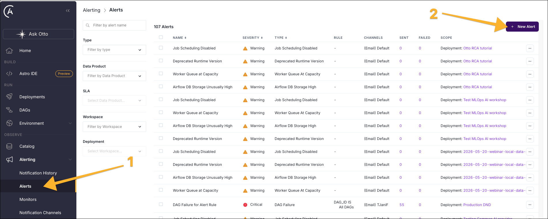 Alerts page in the Astro UI showing the navigation to Alerting > Alerts and the New Alert button.