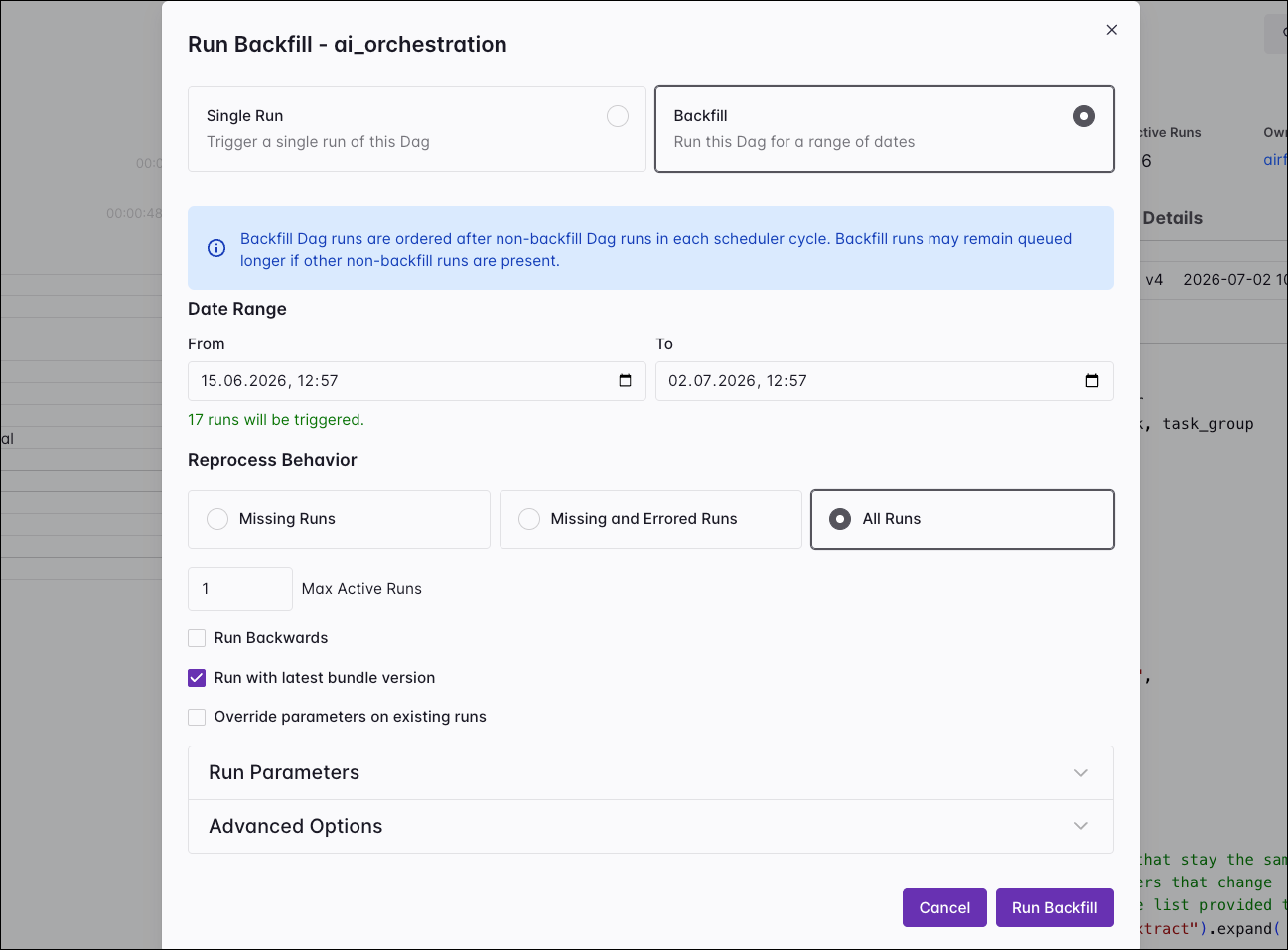 Screenshot of the backfill dialog.