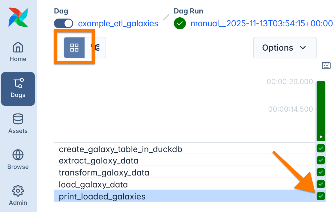 Task selection of a Dag run in the grid view