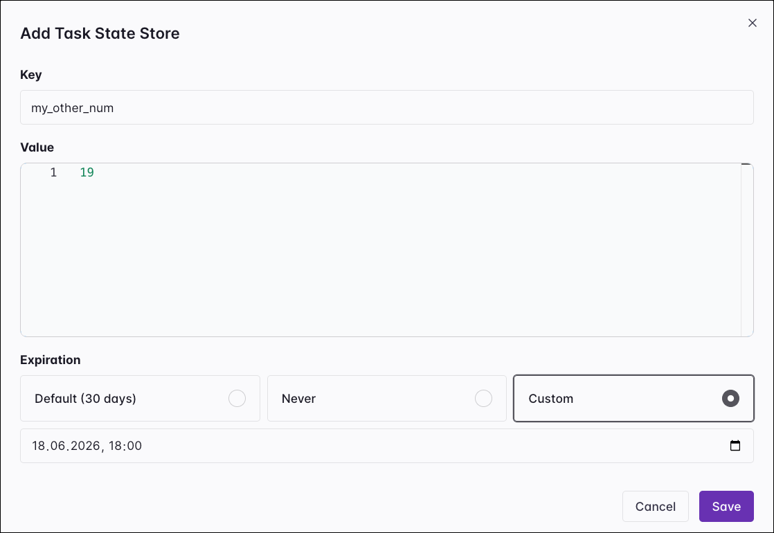 Add Task State Store window in the Airflow UI with Key and Value fields and Expiration options for Default 30 days, Never, and Custom