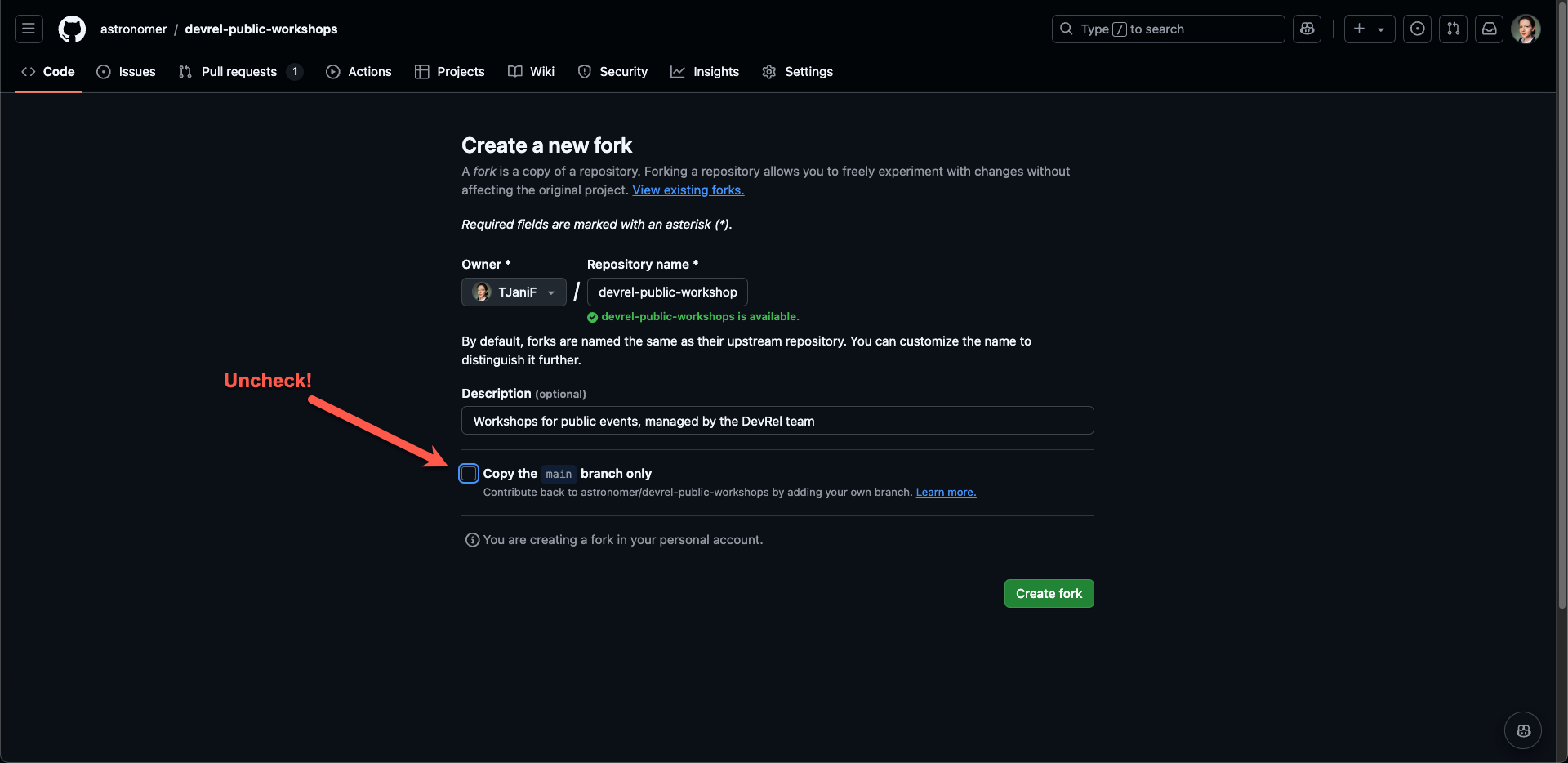 Screenshot of GitHub showing how to fork the repository and the box to uncheck