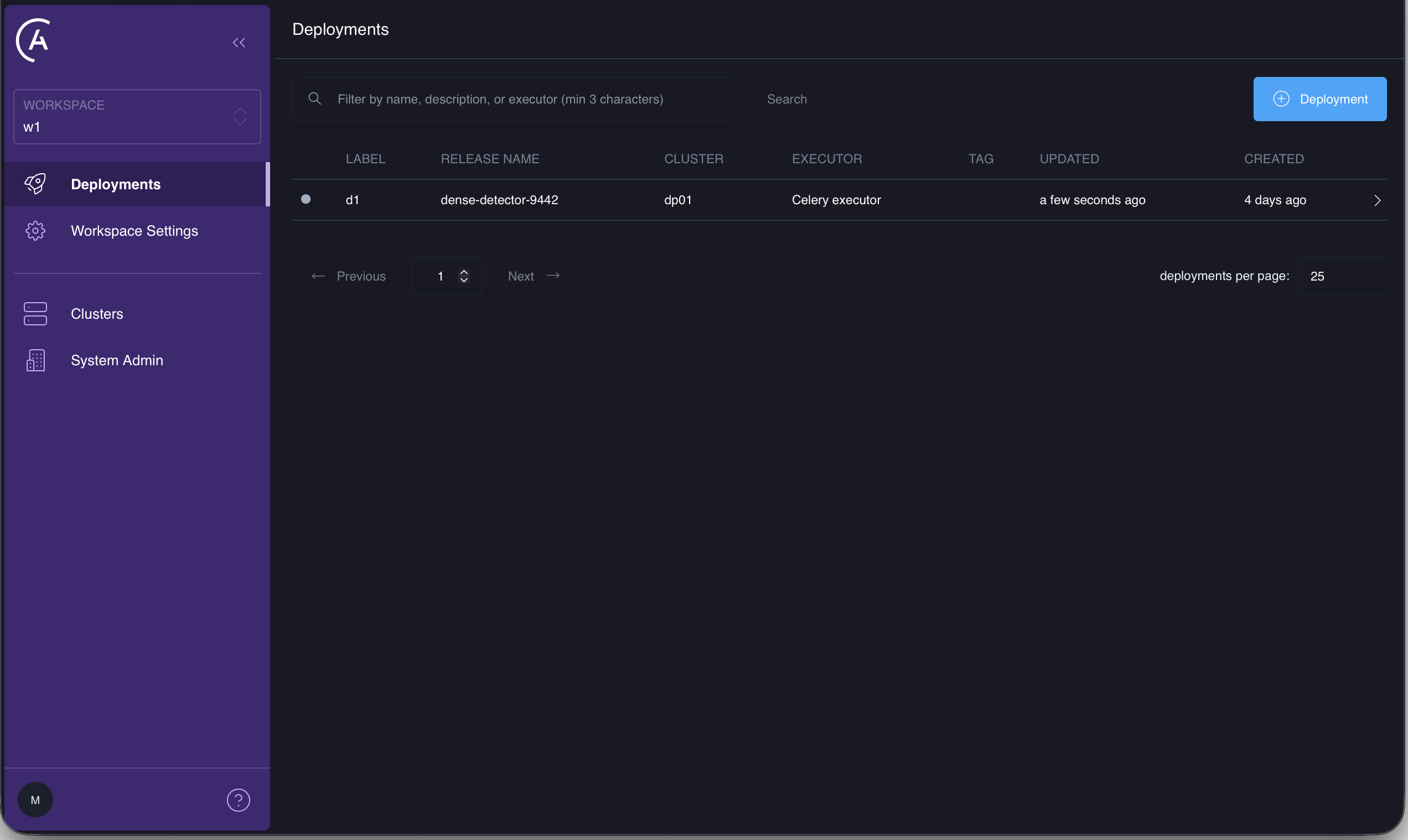 The Deployments tab in the Astro Private Cloud UI