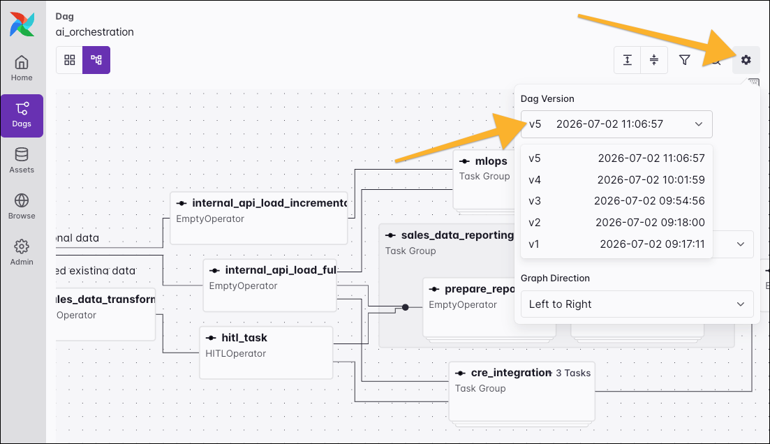 Screenshot highlighting the Dag version switch in the graph view.