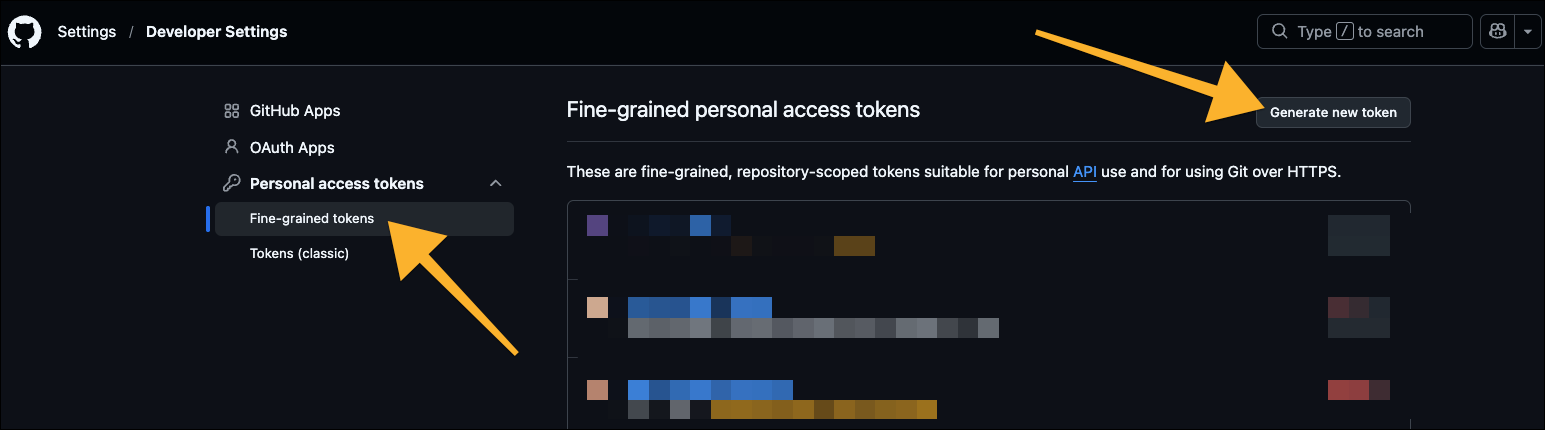 GitHub Developer Settings showing the Personal access tokens > Fine-grained tokens page and the Generate new token button.