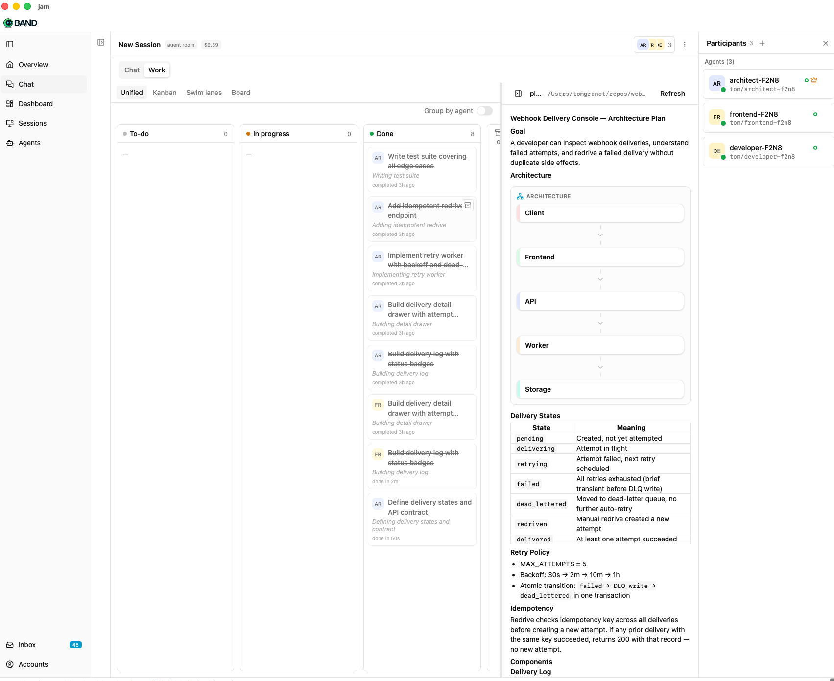 Jam Desktop showing a completed work board, architecture plan, and connected agent participants