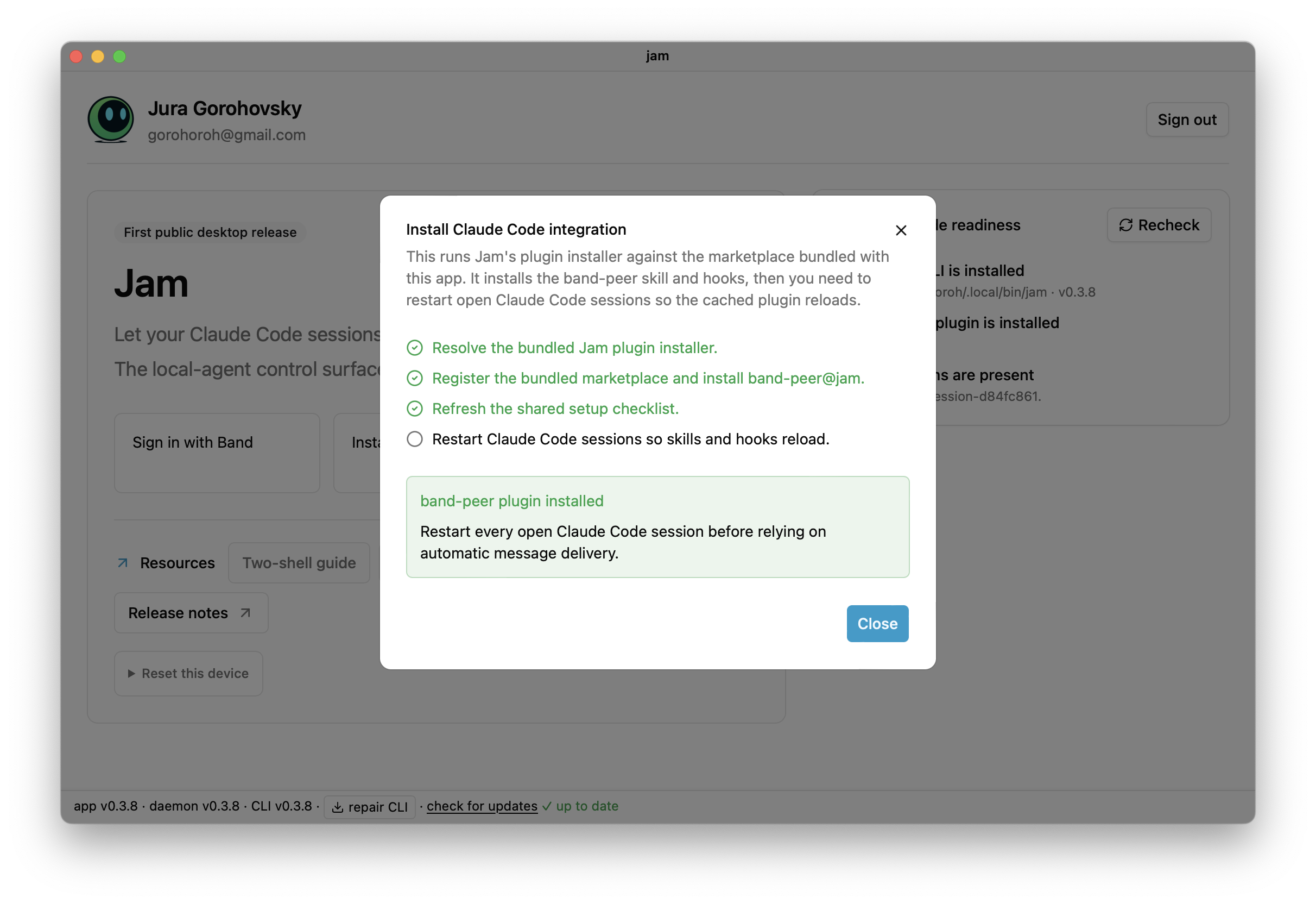 Jam Desktop asking the user to restart Claude Code sessions after plugin installation