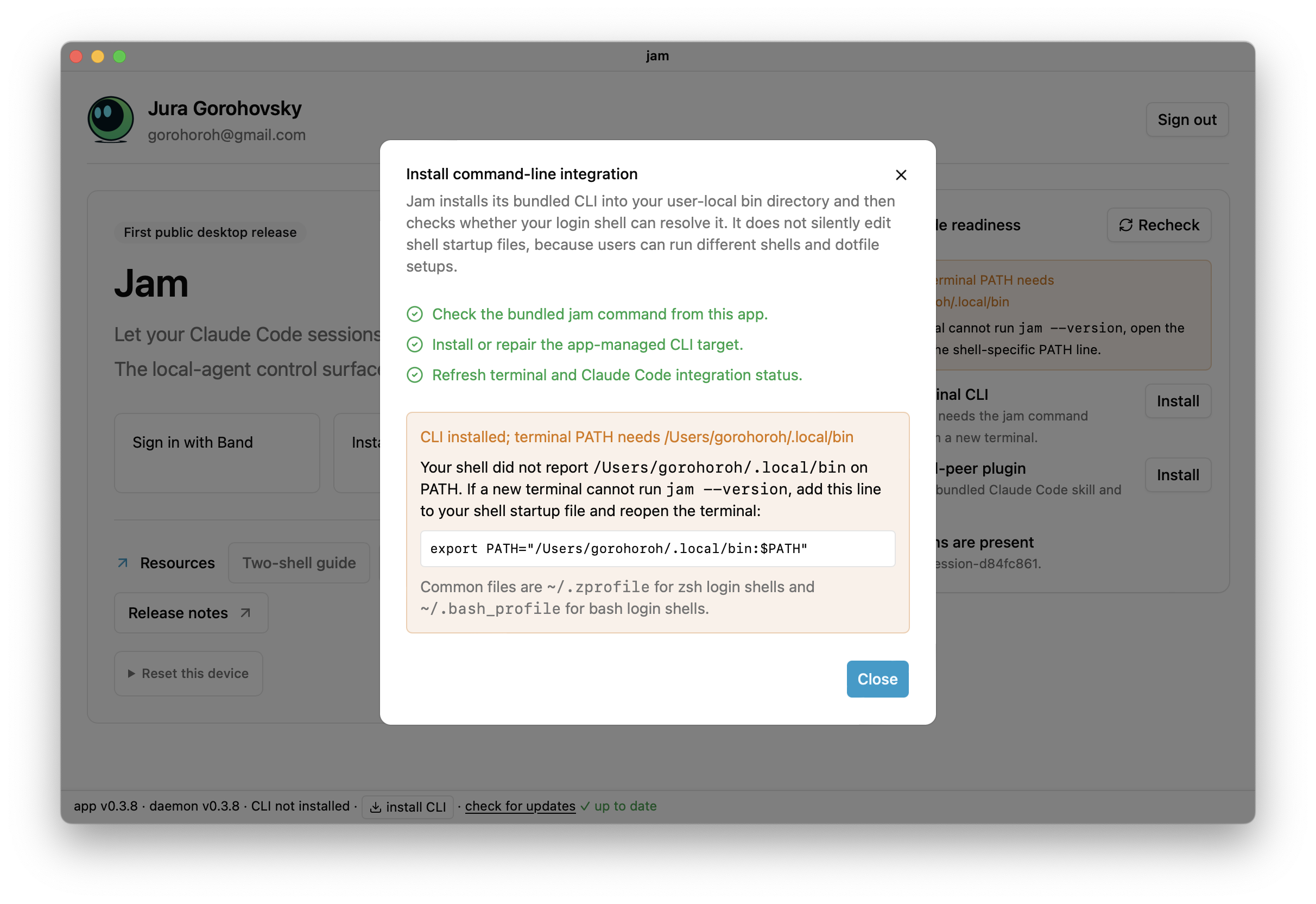 Jam Desktop showing a PATH warning after CLI installation