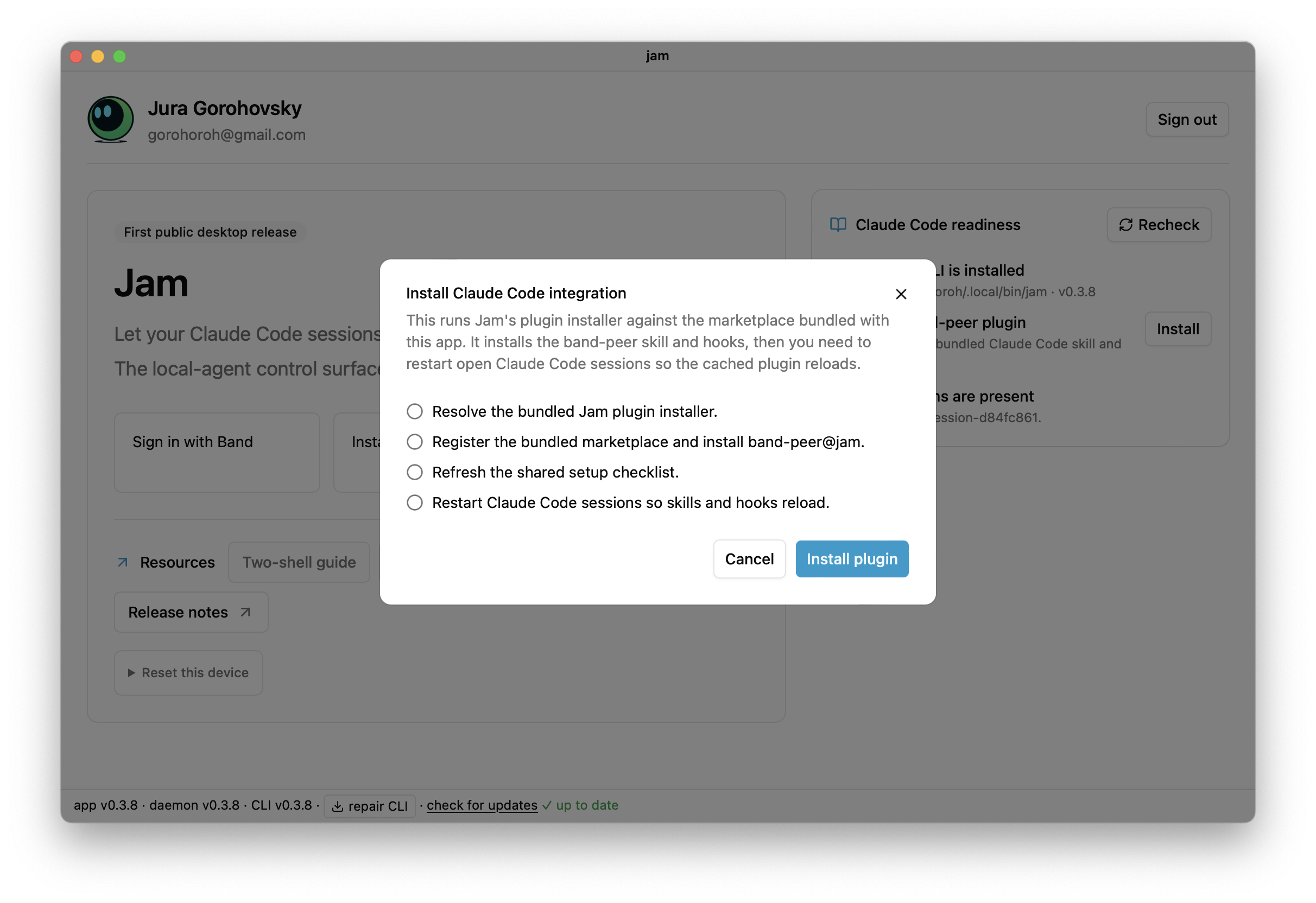 Jam Desktop prompting the user to install the Claude Code band-peer plugin