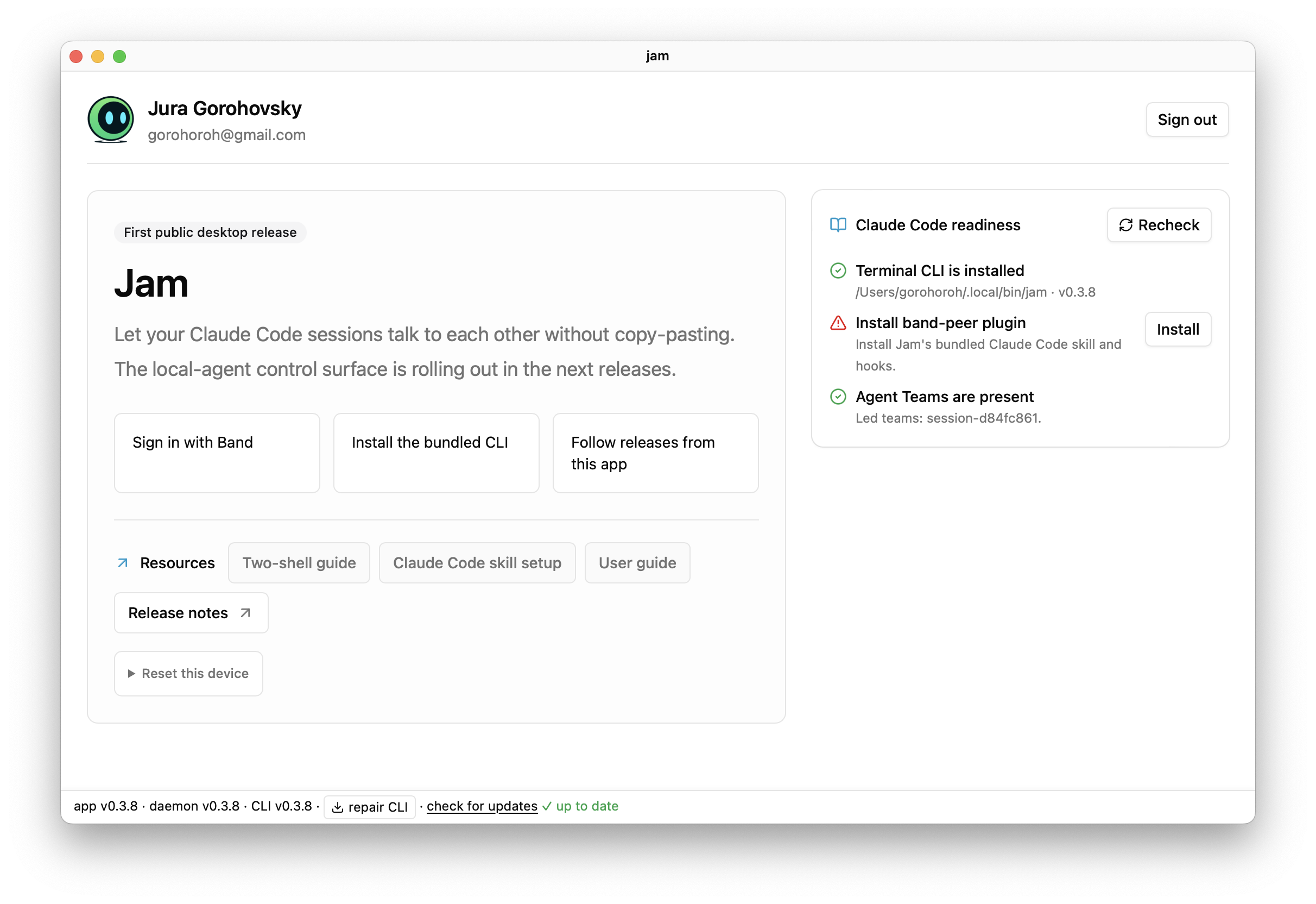 Jam Desktop reporting that the CLI is installed