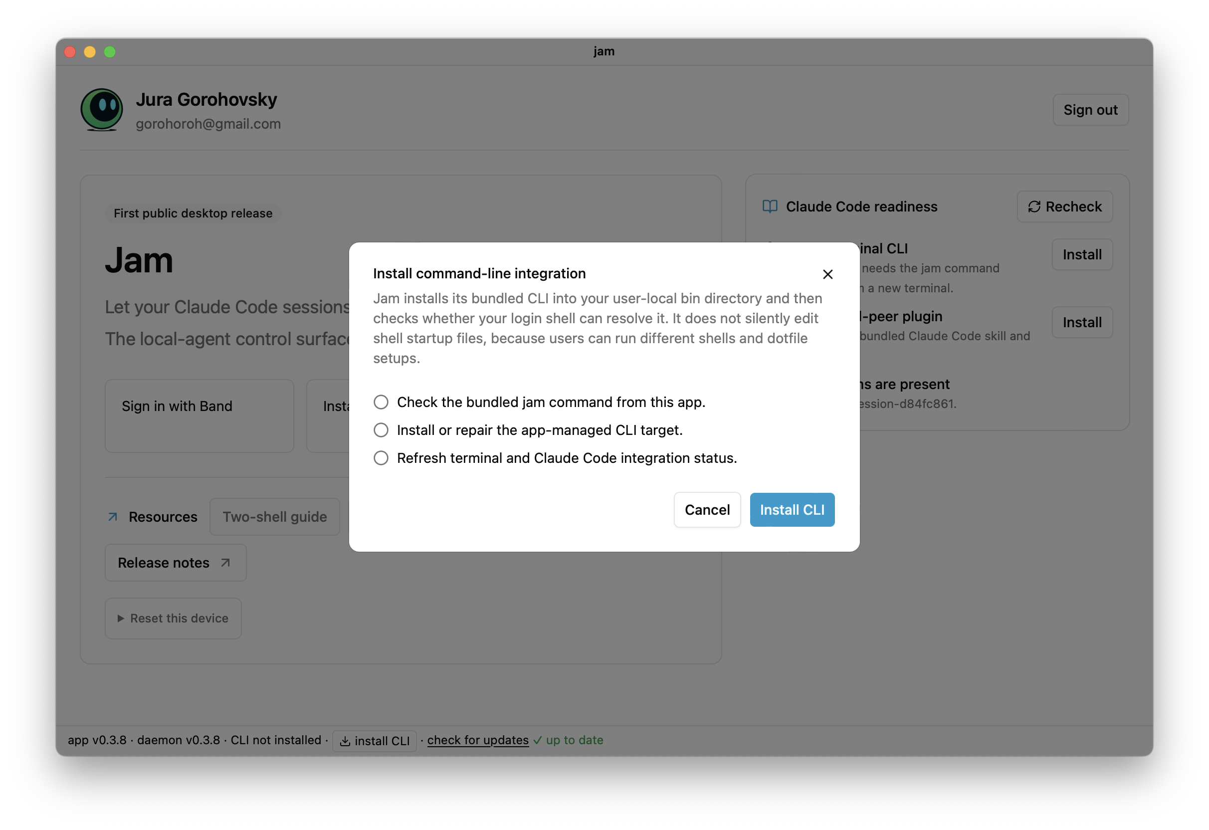 Jam Desktop prompting the user to install the CLI