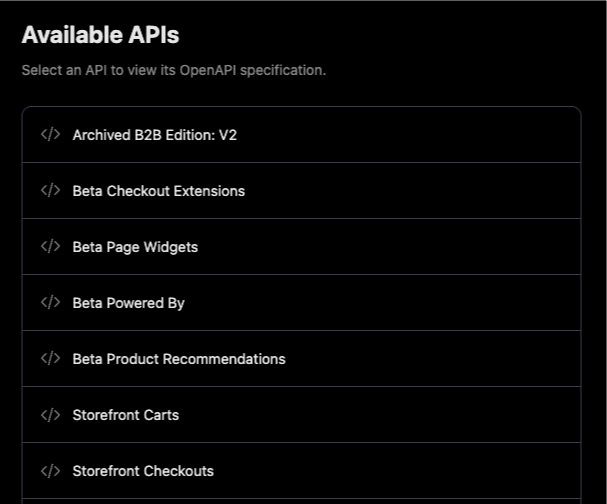 The OpenAPI specification index listing the available BigCommerce APIs