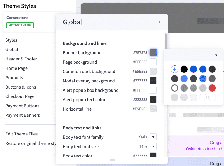 A "color" type setting surfaced in the Theme Styles interface