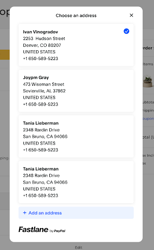 The Fastlane shipping component with several saved addresses